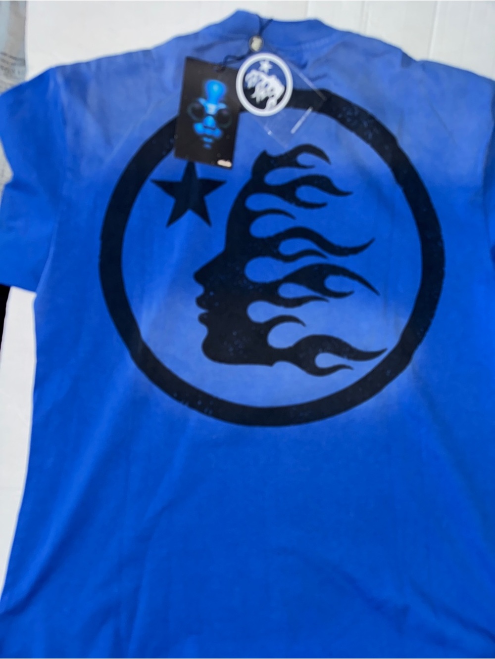 Hellstar Men's Blue Short Sleeve Graphic Tee with Flame Profile